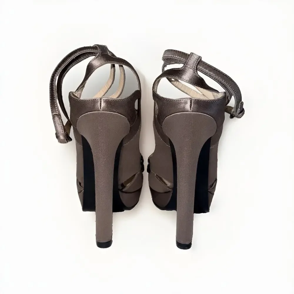 Bottega Veneta Grey Satin Embellished Bead Ankle Strap Platform Heels Sandal